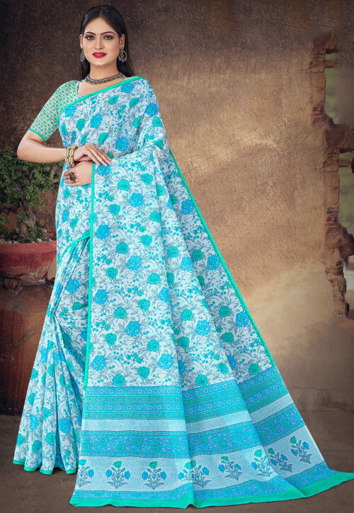 CHARUKRITI Blue & White Cotton Saree With Unstitched Blouse