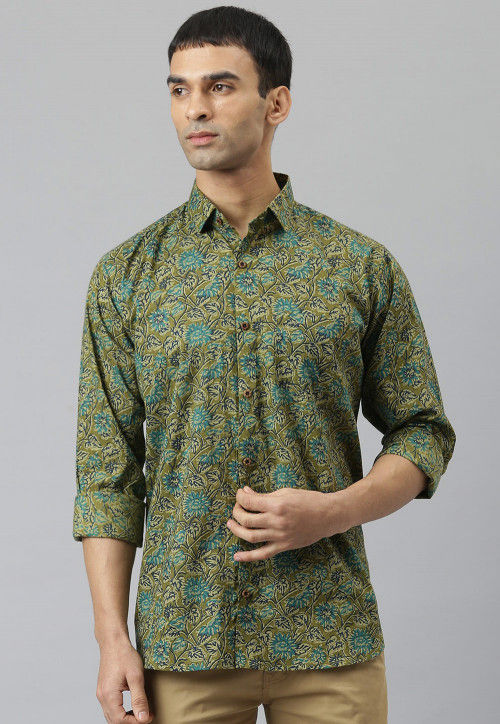 Printed Cotton Shirt in Olive Green