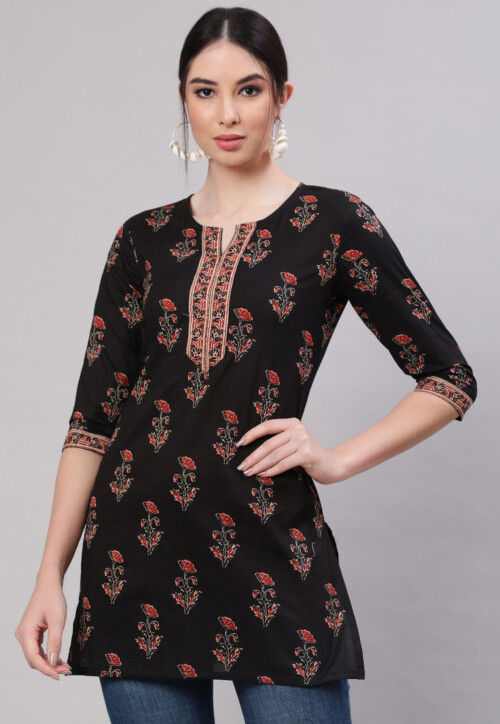 Printed Cotton Short Kurta in Black