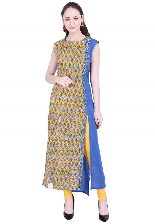 Printed Cotton Side Slit Straight Kurta in Yellow and Blue