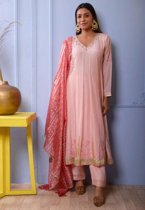 Printed Cotton Silk Anarkali Suit in Light Peach