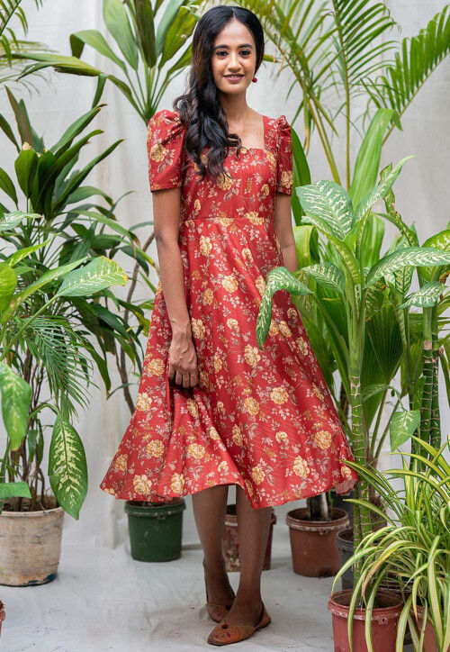 Printed Cotton Silk Dress in Dark Red