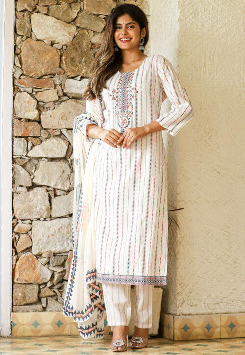 Printed Cotton Silk Pakistani Suit in Cream