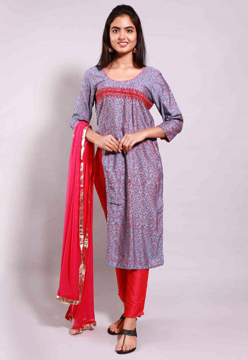Printed Cotton Silk Pakistani Suit in Grey