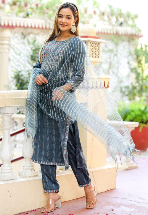 Printed Cotton Silk Pakistani Suit in Grey