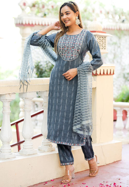 Printed Cotton Silk Pakistani Suit in Grey
