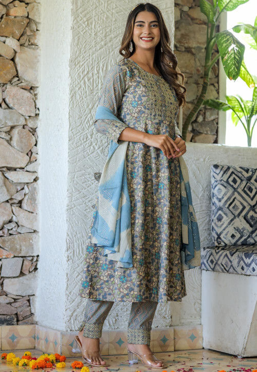 Buy Printed Cotton Silk Pakistani Suit in Grey Online : KMK630 - Utsav ...