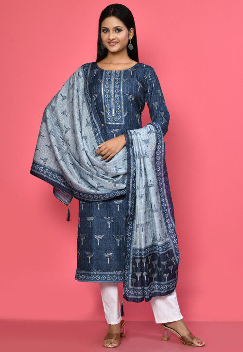 Printed Cotton Silk Pakistani Suit in Indigo Blue
