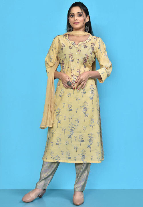 Printed Cotton Silk Pakistani Suit in Light Yellow