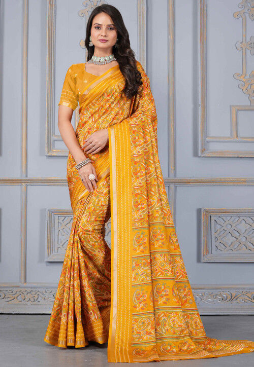 Printed Cotton Silk Saree in Mustard