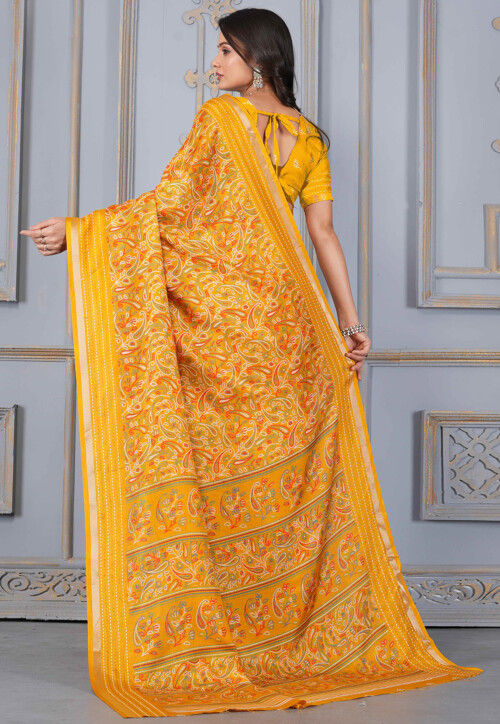Printed Cotton Silk Saree in Mustard