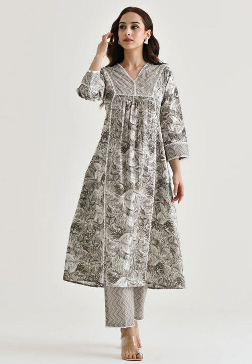 Printed Cotton Slub A Line Kurta Set in Grey