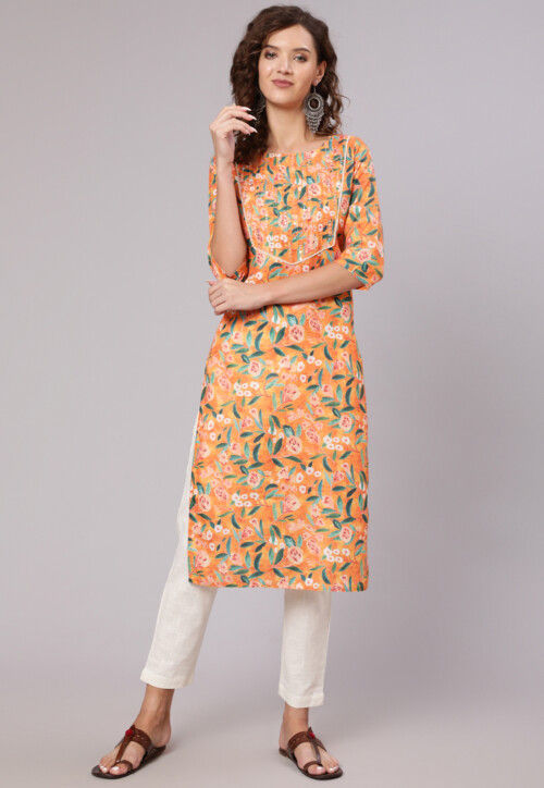 Printed Cotton Slub A Line Kurta Set in Light Orange