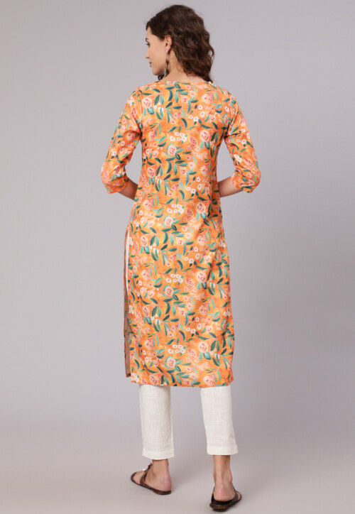 Printed Cotton Slub A Line Kurta Set in Light Orange