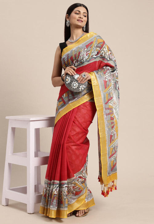 Printed Cotton Slub Saree in Red
