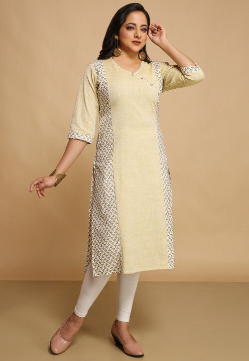 Printed Cotton Slub Straight Kurta in Light Beige