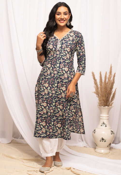 Printed Cotton Straight Kurta in Blue