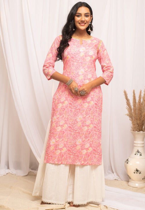 Printed Cotton Straight Kurta in Peach