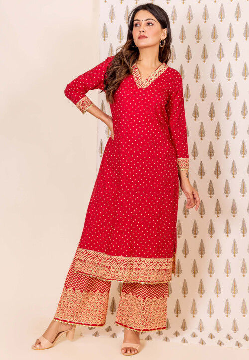 Printed Cotton Straight Kurta Set in Fuchsia