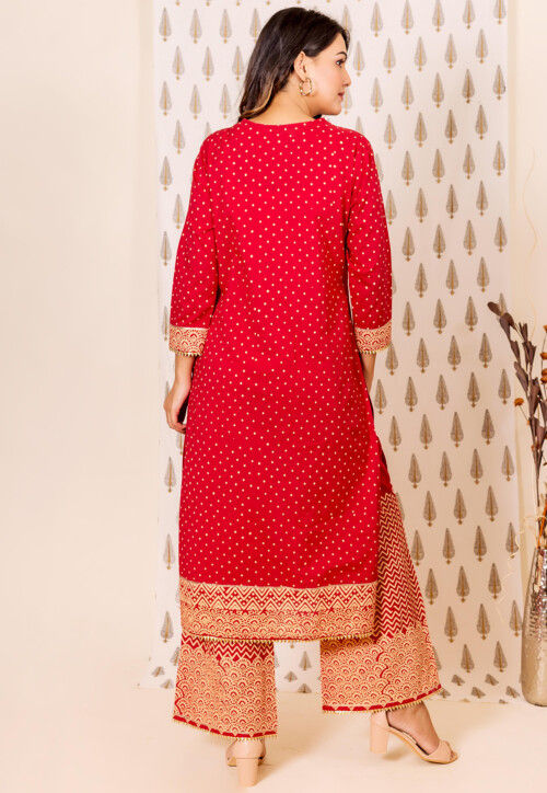 Printed Cotton Straight Kurta Set in Fuchsia
