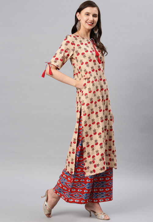 Beige Geometric Printed Cotton Straight Kurta