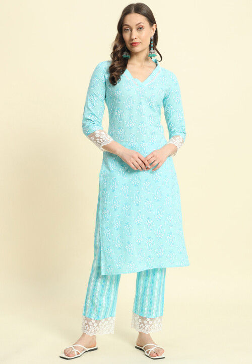 Printed Cotton Straight Kurta Set in Light Blue