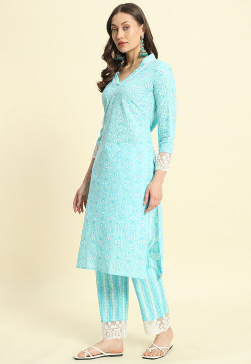 Printed Cotton Straight Kurta Set in Light Blue