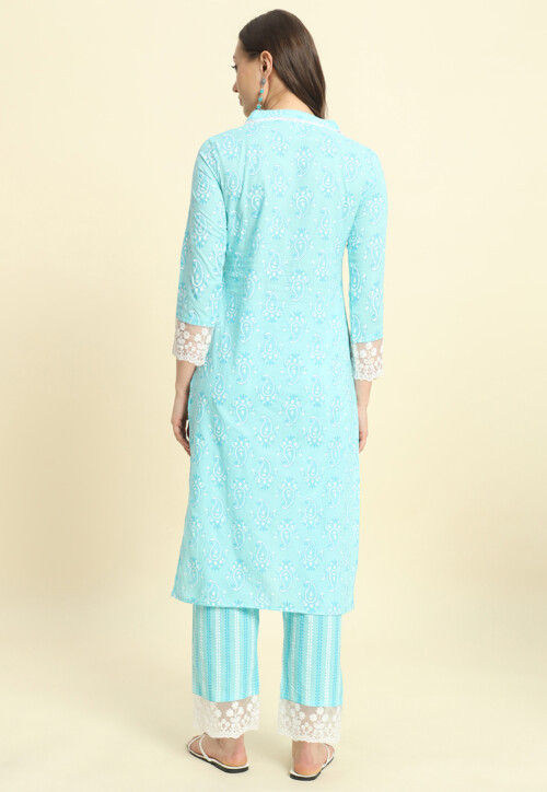 Printed Cotton Straight Kurta Set in Light Blue