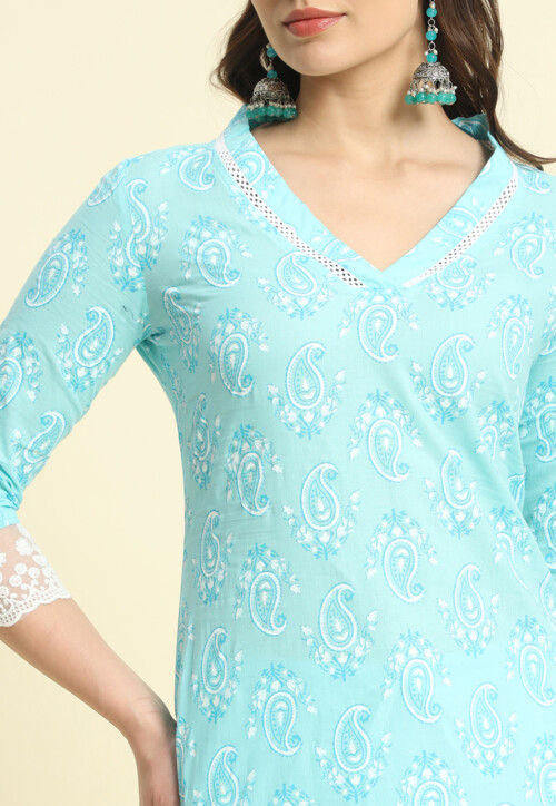 Printed Cotton Straight Kurta Set in Light Blue