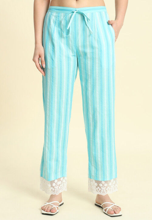 Printed Cotton Straight Kurta Set in Light Blue