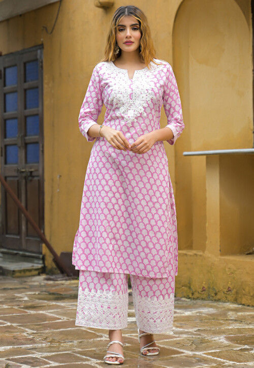 Printed Cotton Straight Kurta Set in Pink