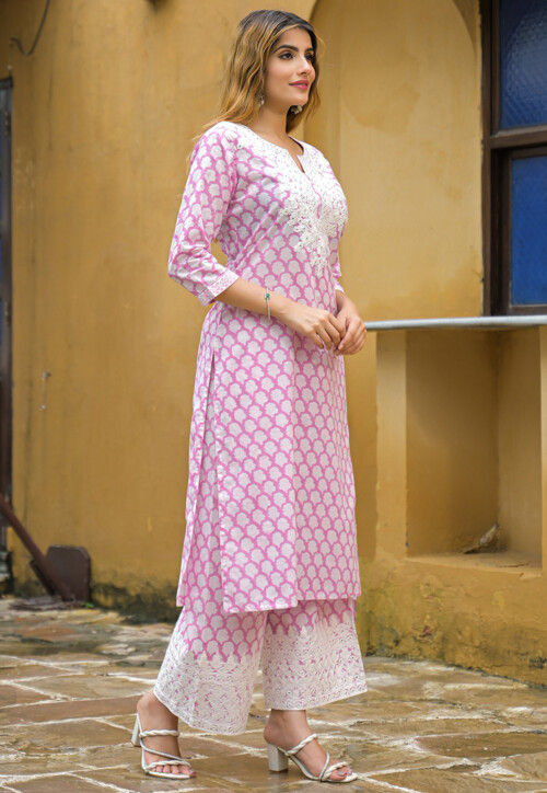 Printed Cotton Straight Kurta Set in Pink