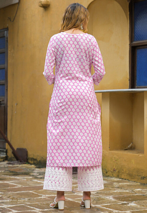 Printed Cotton Straight Kurta Set in Pink