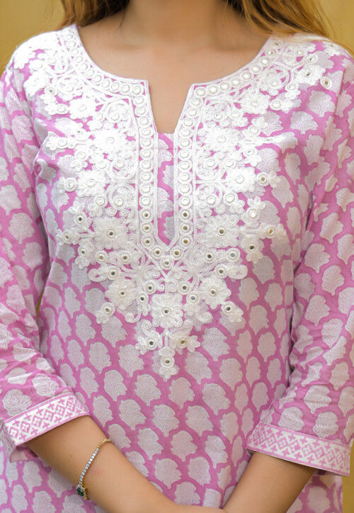 Printed Cotton Straight Kurta Set in Pink