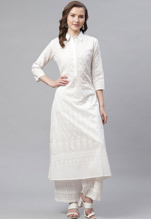 Printed Cotton Straight Kurta Set in Off White
