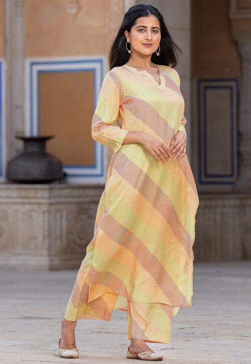 Printed Cotton Straight Kurta Set in Yellow and Multicolor