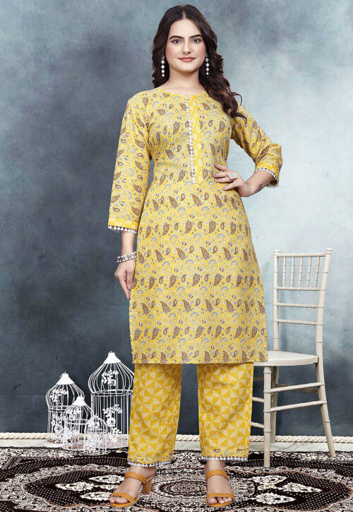 Printed Cotton Straight Kurta Set in Yellow