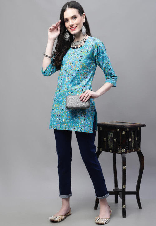 Deep Blue Floral Printed Straight Cotton Kurti with Pant for Women