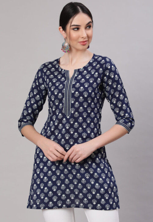 Breezy Blue Moroccan Printed Kurti with Palazzo and Navy Blue Silk Men –  anokherang