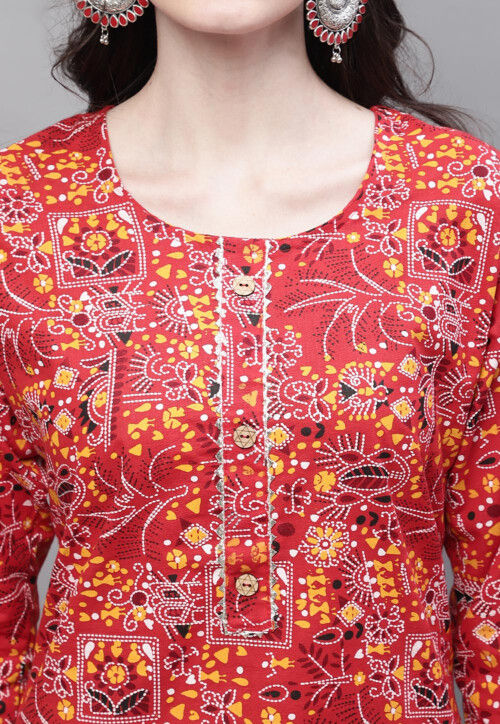 Women’s Cotton Printed Kurti – Red Ethnic Camel Print Straight Kurta, 3/4 Sleeve Casual Wear main image 1
