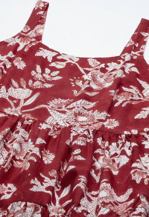 Printed Cotton Tiered Midi Dress in Maroon : TKV340