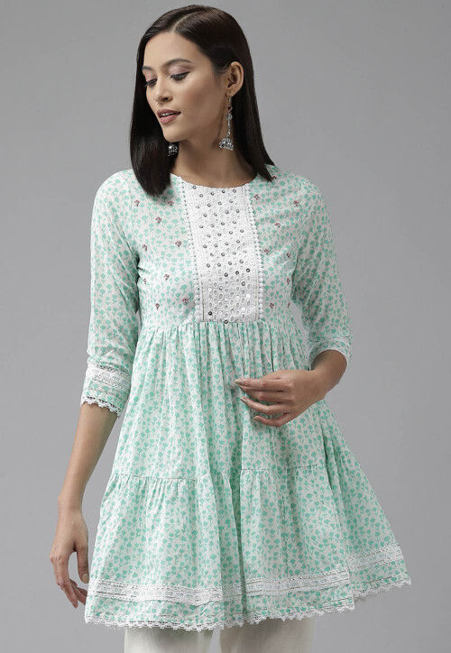 Printed Cotton Tiered Tunic in Off White and Light Green