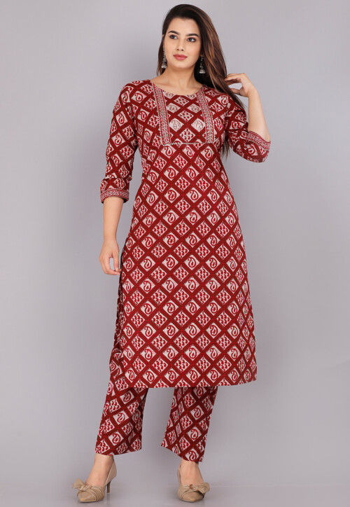 Printed Cotton Top and Bottom Set in Dark Red and Off White
