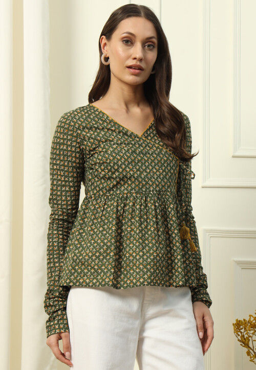 Printed Cotton Top in Dark Green