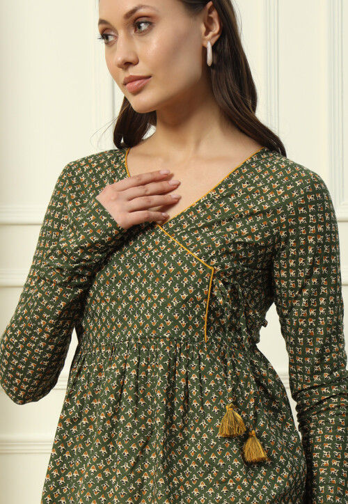 Printed Cotton Top in Dark Green