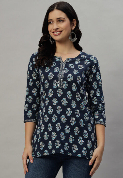 Printed Cotton Top in Navy Blue