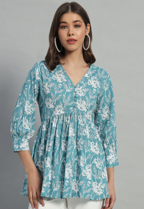 Printed Cotton Tunic in Blue