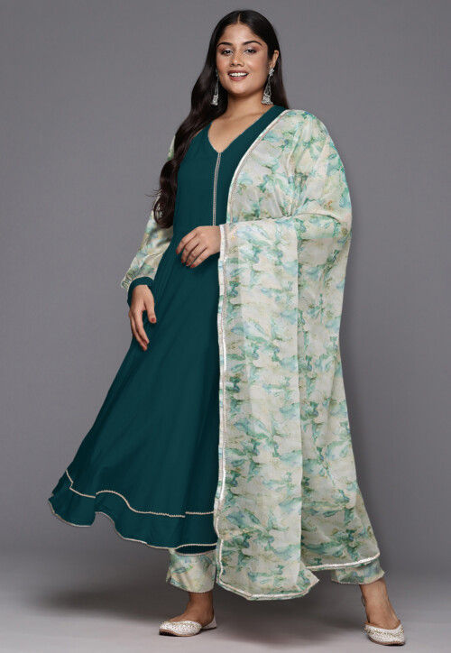 Printed Crepe A Line Suit in Dark Teal Green