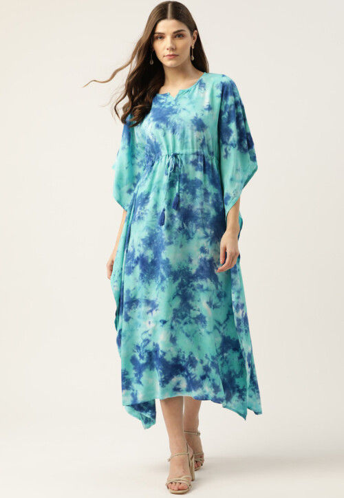 Printed Crepe Kaftan in Pastel Green and Blue