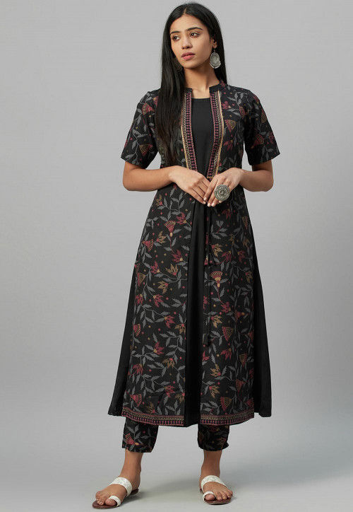 Printed Crepe Pakistani Suit in Black